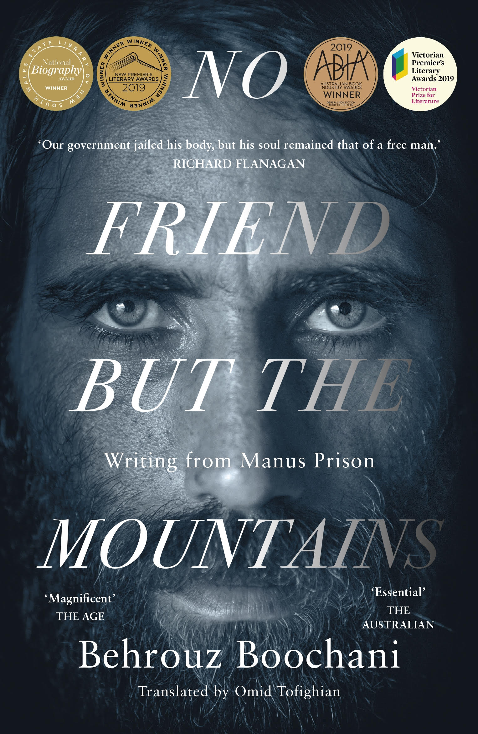 cover image of the book, no friend but the mountains. Author's face.
