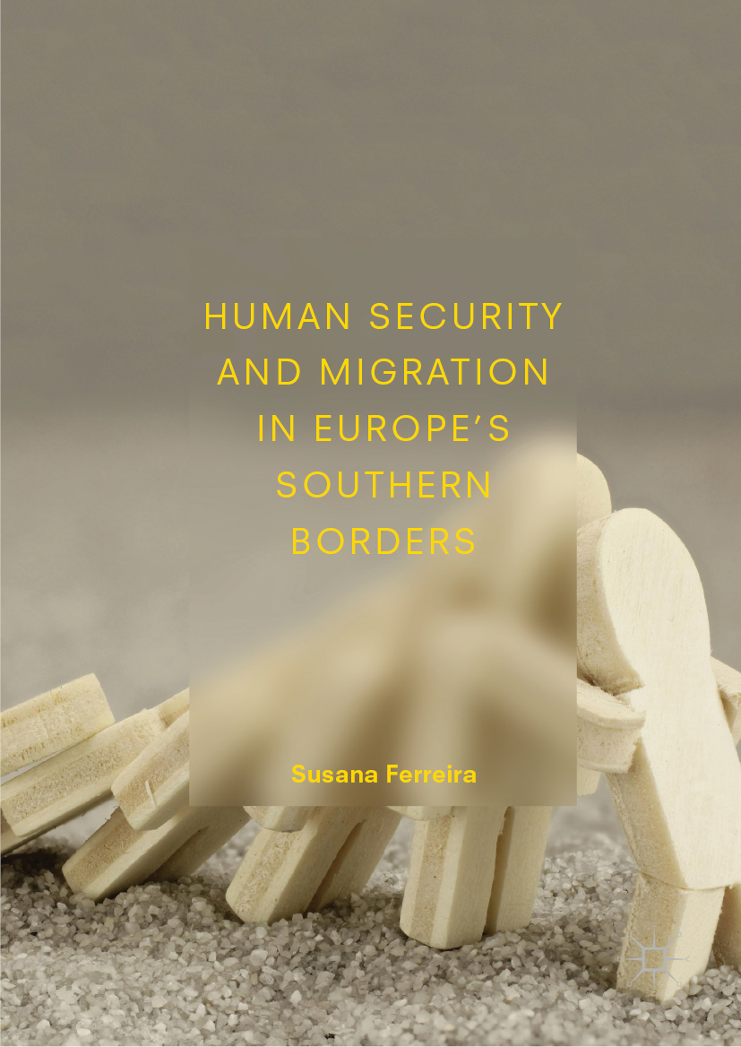 image of dominos shaped as people falling over, book cover for Human Security and Migration in Europe's Southern Borders