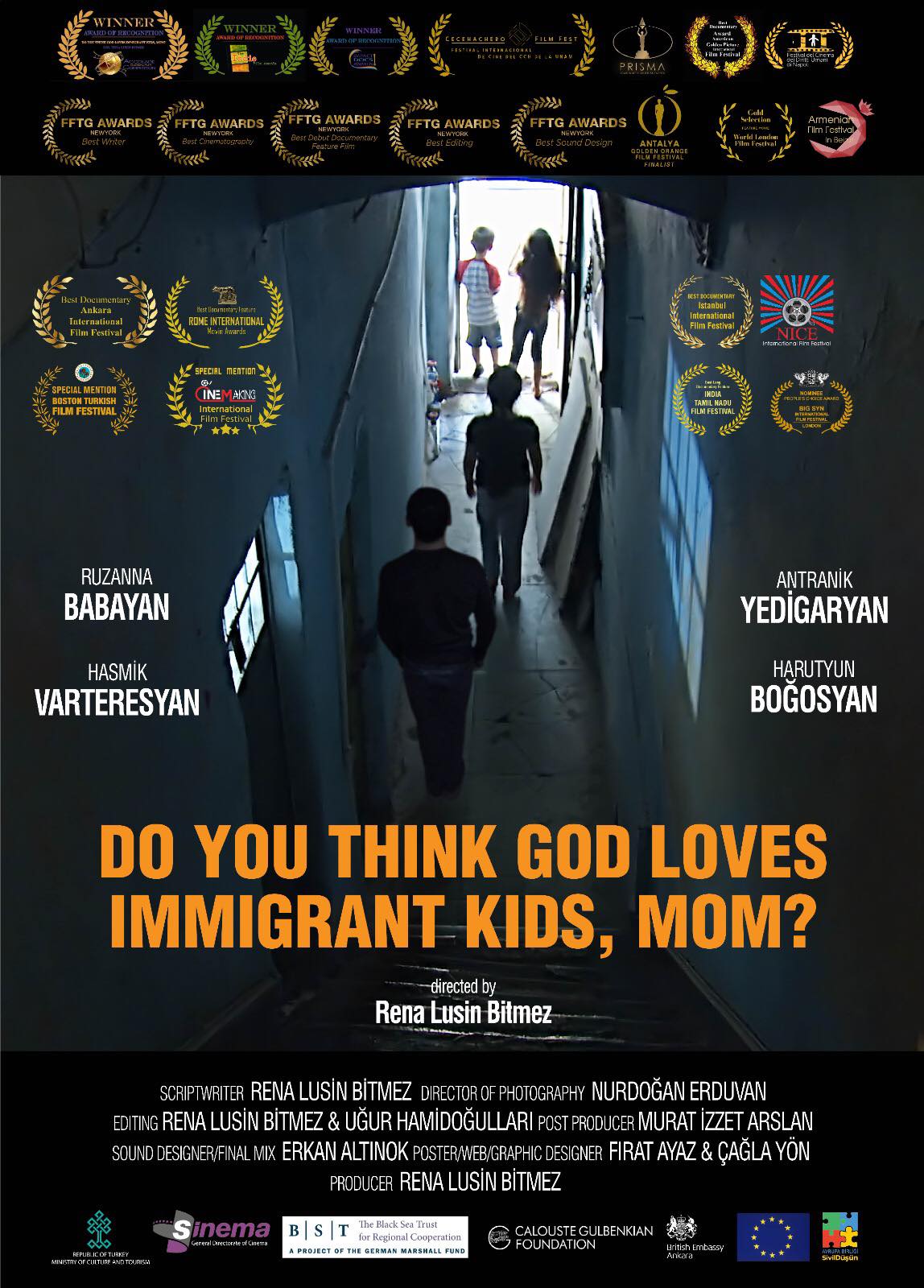 four children in a dark hallway with an open door, film cover for "Do You Think God Loves Immigrant Kids, Mom?", produced and directed by Rena Lusin Bitmez