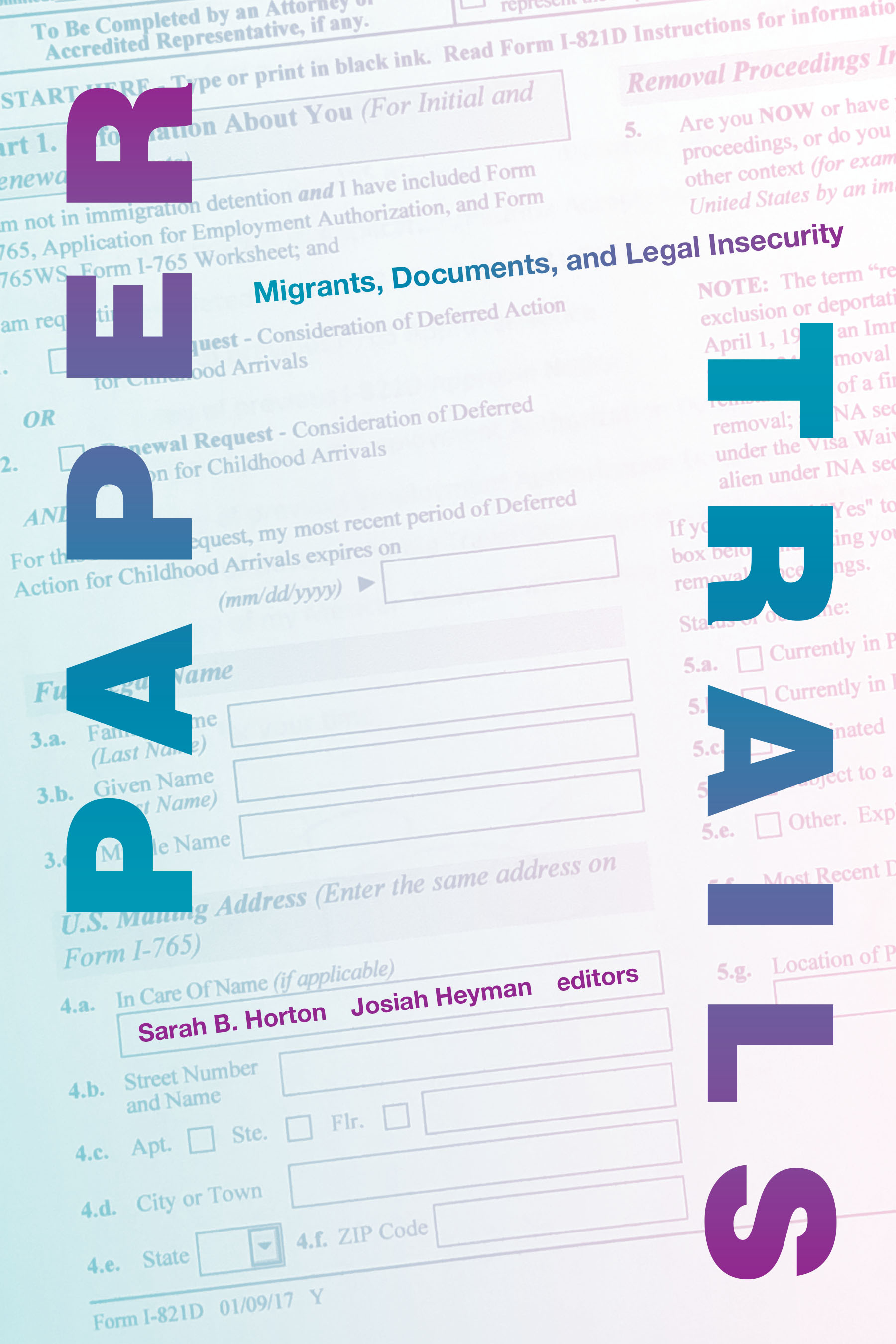 Paper trails, book cover. Image of an application form.